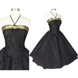 Vintage 80s 50s Black Taffeta Gold Halter Metallic Full Prom Party Dress XXS XS